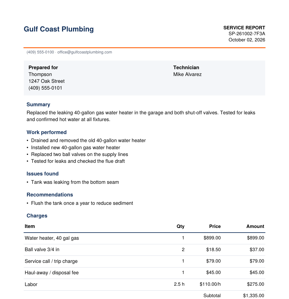 Sample SkippaPen service report for a water heater replacement